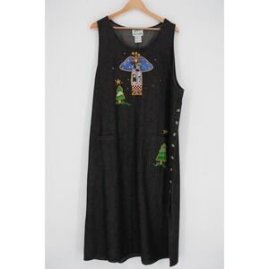 Quacker Factory Womens Jumper Dress 2X Christmas Black Denim Button Embroidered